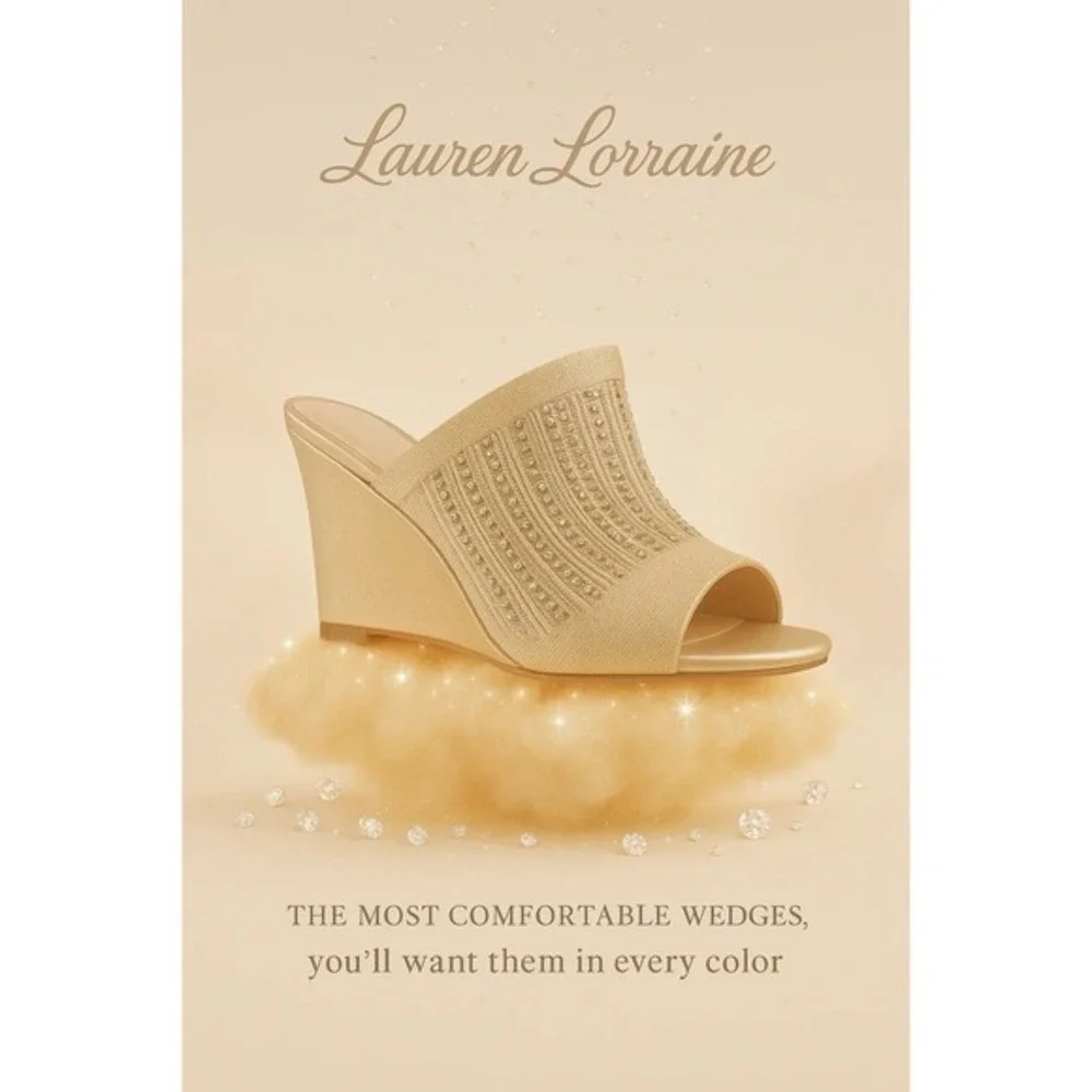 Lauren Lorraine MARTHA Rhinestone Stretch Wedge Gold Size 8‎ NEW Retail $90